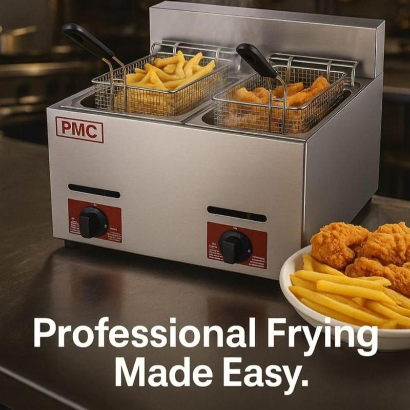 PMC Commercial Countertop Double-Tank Electric Deep Fryer (12L Capacity)